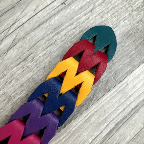 Vintage Rainbow Leather Belt 34" Multicolor Retro Woven 1980s 1990s Unisex M - Picture 8 of 8